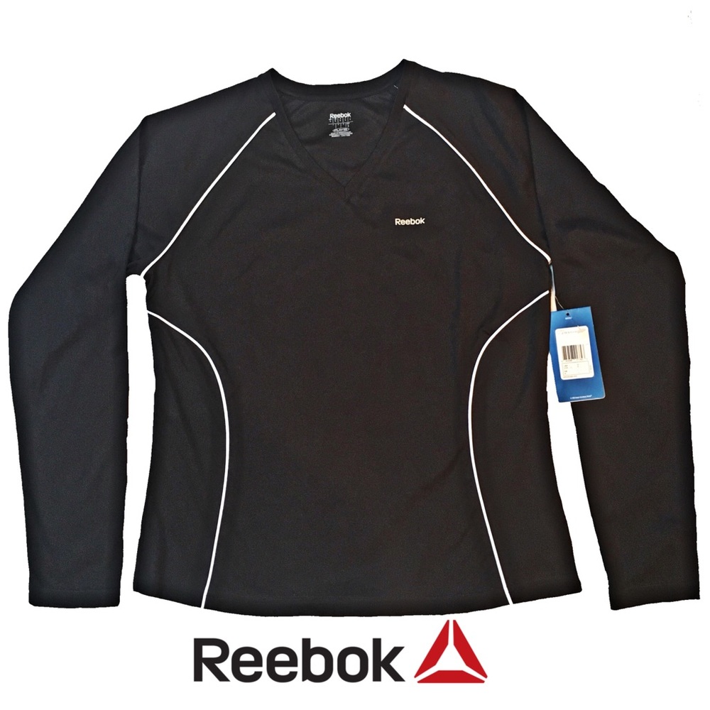 Reebok Play Dry Long Sleeve Performance Tee in Black w/ White Piping. Sz L, NWT